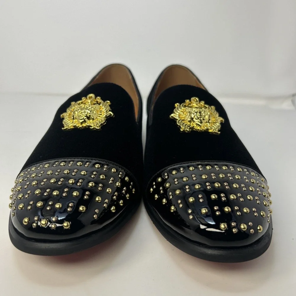 ELANROMAN Men's Velvet Loafers Black Gold Crest Studded Toe Size 13 EU 47 NWB